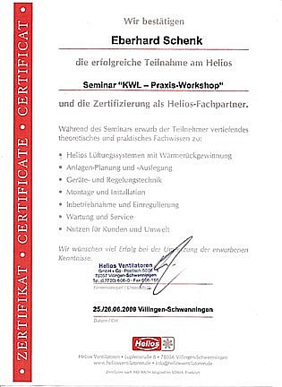 Zertifikat LÃ¼ftungstechnik KWL-Workshop (Fa. Helios)