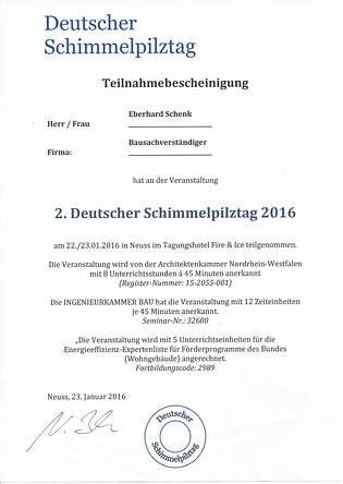 Deutscher Schimmelpilztag 2016 - Teilnahmebestätigung Eberhard Schenk