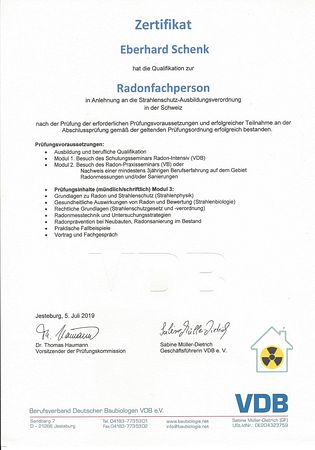 Zertifikat zur Qualifikation als Radonfachperson (VDB)